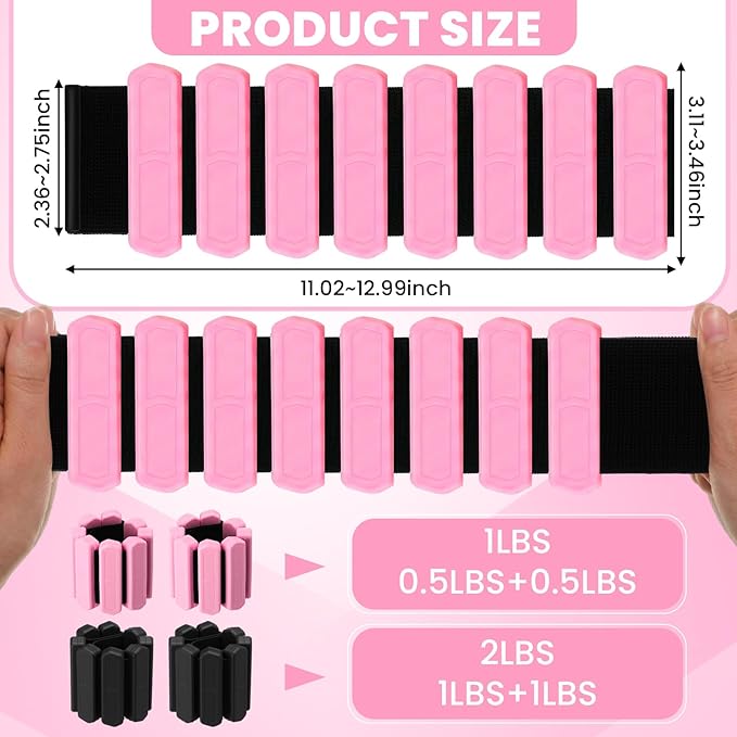 2 Pairs Wrist Ankle Weights Set Adjustable Silicone Weighted Bangles 1lb Pink 2lb Black for Women Men, Fitness Arm Leg Weights for Yoga, Pilates, Walking, Home Gym Workout