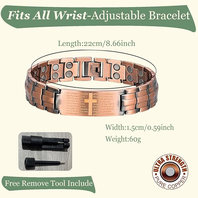 99% Copper Cross Bracelet for Men with Ultra Strength Magnets, Adjustable Magnetic Bracelet with Sizing Tool Jewelry Box