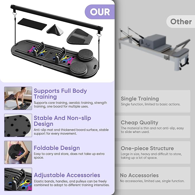 Pilates Board, Pilates Portable Reformer Machine 2025 for Home Workout, 7 in 1 Multifunctional Abdominal Board, Foldable Abs Trainer Machine, Pilates Core Workout Equipment for Women (Black)
