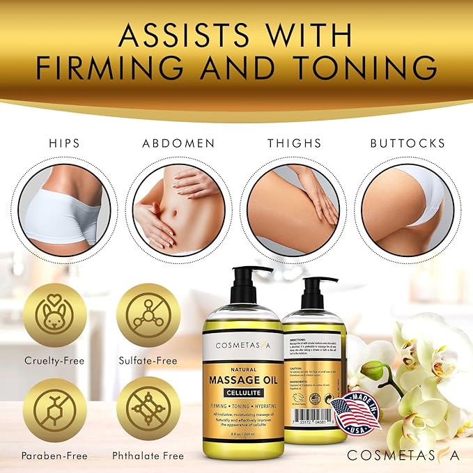 Cellulite Massage Oil with Massager Mitt - 100% Natural Cellulite Oil, Highly Absorbable and Deeply Penetrates Skin- Firms, Tones, Tightens & Moisturizes Skin By Cosmetasa (8.8 oz)