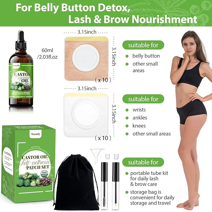 20 Pcs Castor Oil Patches with Organic Cold-Pressed Castor Oil (2.03oz) in Glass Bottle, Cotton Pack for Joints & Belly, Self-Adhesive & Disposable - Bonus Eyelash Care Kit