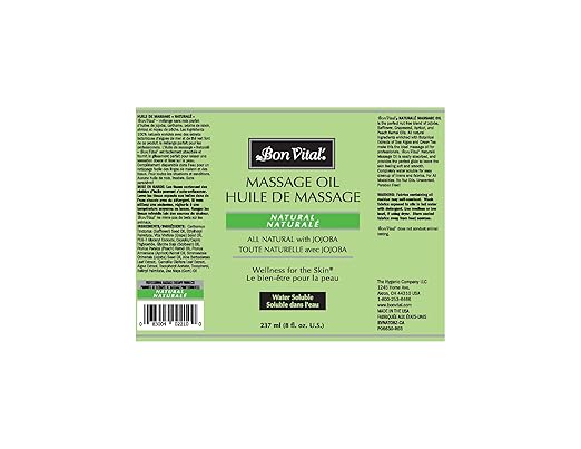 Bon Vital Naturale Massage Oil Made with Natural Ingredients for an Earth-Friendly Massage, Revives and Rehydrates Dry Skin Naturally, with Green Tea Extract, 8 Oz, Label may Vary