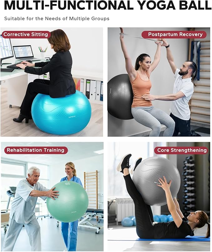 HAPBEAR Exercise Ball (22''/26''/30'') - Anti-Burst Slip-Resistant Yoga/Pilates Ball for Core Training & Posture Improvement, Home Gym/Rehab/Pregnancy Ball, Quick Pump & 3 Resistance Bands Included