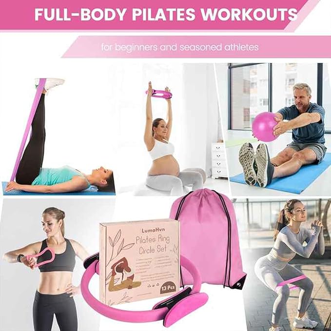 Pilates Essentials Kit for Women Set of 13, Yoga Sets at Home, Includes Pilates Ring, 8-Shaped Tension Band, Yoga Ball - Perfect for Women's Home Workouts & Beginners