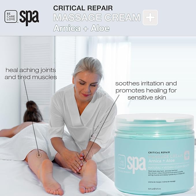 BCL Spa Critical Repair Massage Cream with Arnica, Aloe Vera, Kelp, Argan Oil, Shea Butter | Soothing Relief and deep Skin Nourishment Body Moisturizer, Vegan, Organic | Made in USA | 16 fl oz
