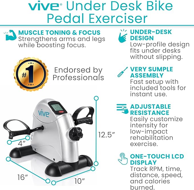 Vive Under Desk Bike Pedal Exerciser - Stationary Exercise Leg Peddler - Low Impact, Portable Mini Cycle Bike for Under Your Office Desk - For Arm or Foot - Small, Sit-Down Recumbent Equipment Machine