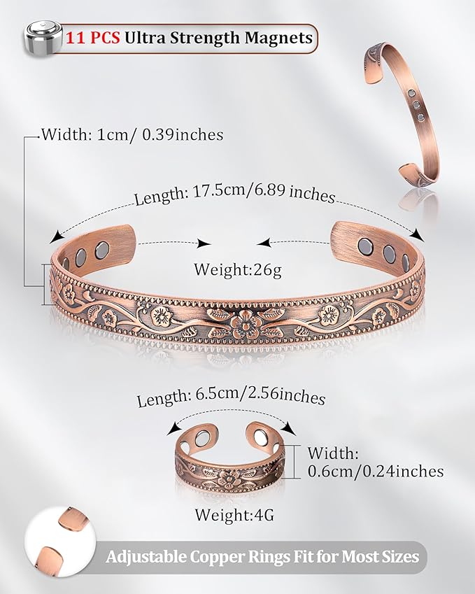 BioMag Magnetic Copper Bracelet & Lymphatic Drainage Ring for Women, 99.99% Pure Copper Magnetic Cuff Bangle with 11 Pcs 3500 Gauss Magnets, Adjustable Size, Floral Vine Pattern