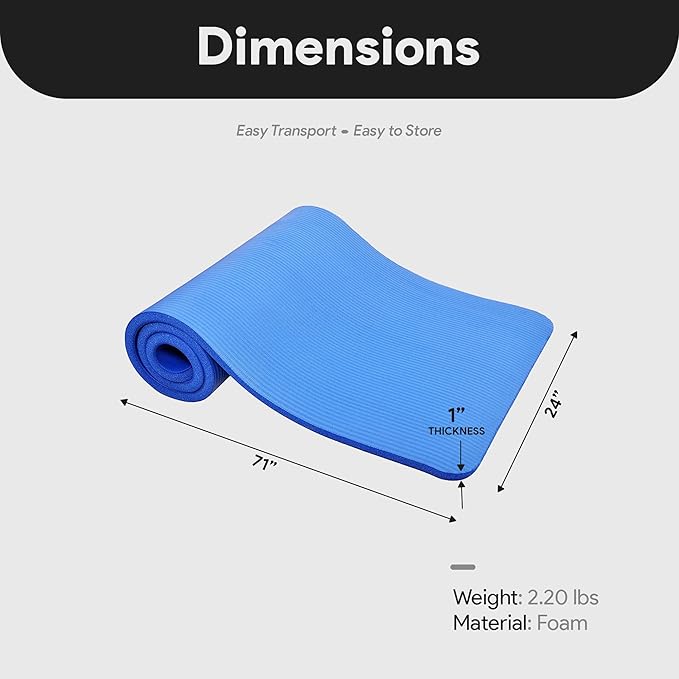 BalanceFrom 71x24 Inches Extra Thick Yoga Mat 1-Inch High-Density Foam – Roll-Up Exercise Pad with Double-Sided Non-Slip Surface and Carrying Strap for Pilates and Home Workouts, Multiple Colors