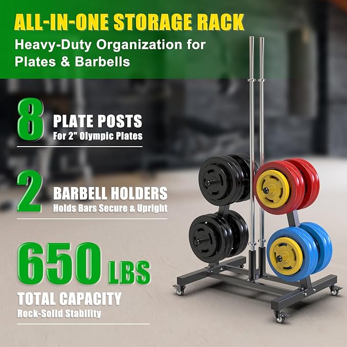 SELEWARE Olympic Weight Plate Tree Rack with 8 Weight Pegs & 2 Barbell Holders, Heavy-Duty Steel Gym Storage Organizer with Locking Wheels for 2 Inch Olympic Plates & Bars