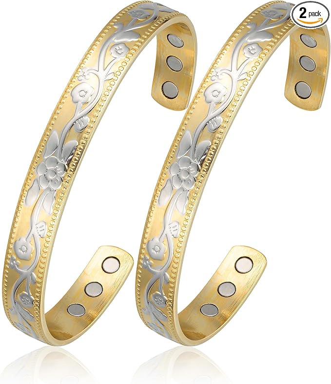 BioMag 2 Pcs Copper Bracelets for Women Men, 99.99% Pure Copper Cuff Bangle with 6 Pcs 3500 Gauss Magnets, Adjustable Size, Intricate Flower Pattern