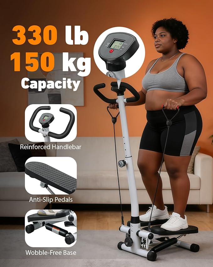Mini Stair Stepper for Exercise at Home with Adjustable Handlebar & Resistance Bands,Quiet Compact Stair Stepper Machine,LCD Monitor,Portable Indoor Leg/Glute Cardio Fitness, White