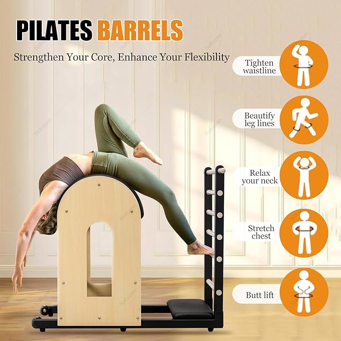 Multifunctional Pilates Barrel for Home Gym, Training Ladder with Resistance Bands, Wooden Spine Corrector Equipment for Balance, Core Strengthening and Stretching Black