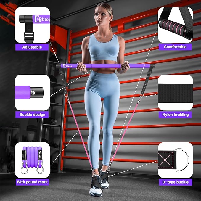 Pilates Bar Kit with Resistance Bands,Pilates Bar with Stackable Bands Workout Equipment for Legs,Hip,Waist and Arm,Exercise Fitness Equipment for Women & Men Home Gym Yoga Pilates