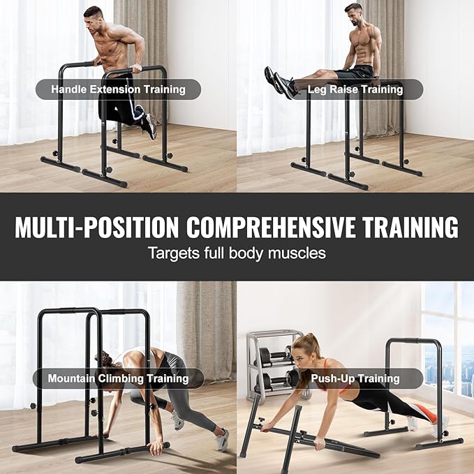 VEVOR Dip Bars, 440 lbs Capacity, Heave Duty Dip Stand Station with Adjustable Height, Fitness Workout Dip Bar Station Stabilizer Parallette Push Up Stand, Parallel Bars for Strength Training Home Gym