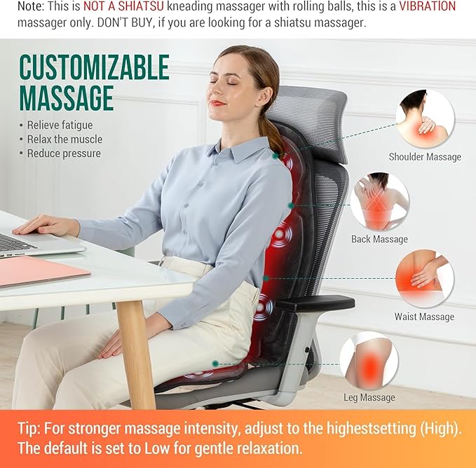 Snailax Vibration Back Massager with Heat, Massage Seat Cushion with 6 Vibrating Motors and 2 Heat Levels, Massage Chair Pad, Seat Massager for Home Office use, Gift for Women Men