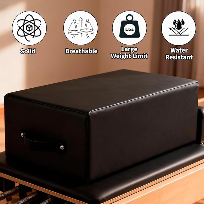 Pilates Sitting Box for Pilates Reformer: Pilates Box Leather Cover Foam Padding Wood Frame, Pilates Reformer Sit Box with Pilates Exercises for Gym Home
