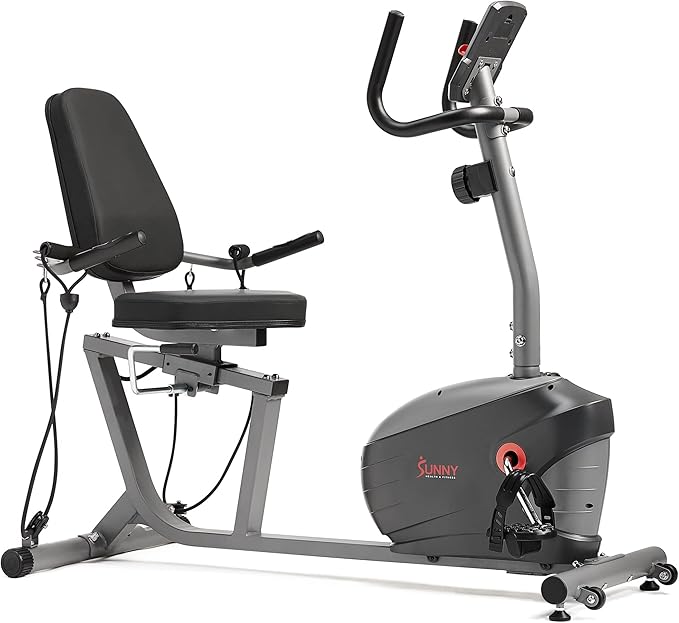 Sunny Health & Fitness Smart Magnetic Recumbent Bike, Home Cardio Trainer & Cycling Machine for Seniors, Free SunnyFit App Connection, Optional Hand Cycle, Resistance Bands, or Pulse Sensors