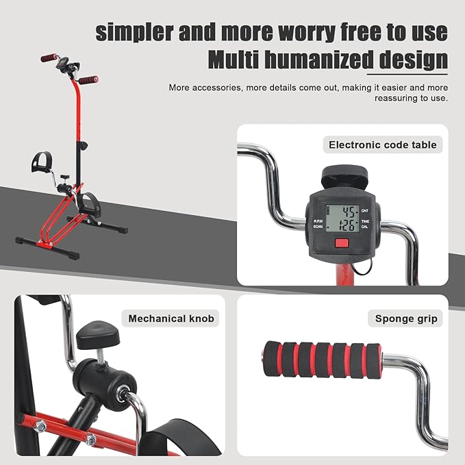 Pedal Exerciser Bike Rehabilitation Trainer, Upper Lower Limb Rehabilitation Machine, Adjustable Fitness Equipment for Seniors, Elderly Home Pedal Exercise Bike for Total Body Red Black