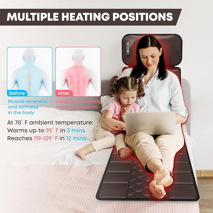 Massage-Mat, Detachable Neck Massager, Full Body Vibration Heating, Massage Pad with 10 Vibrating Motors and 9 Speed Settings for Home Office Use, Brown