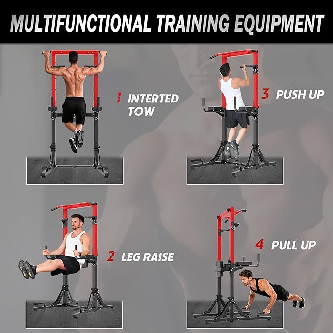 SogesHome Foldable Power Tower Pull Up Bar and Dip Stand, Height Adjustable Free Standing Strength Trainer Dip Station, Multifunctional Fitness Exercise Workout Pullup Station for Home Gym Equipment, Black Red