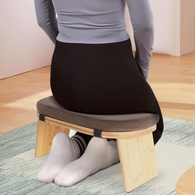 Meditation Bench, Folding Yoga Kneeling Stool, Portable Bamboo Prayer Cushion, Japanese Floor Chair (Brown)