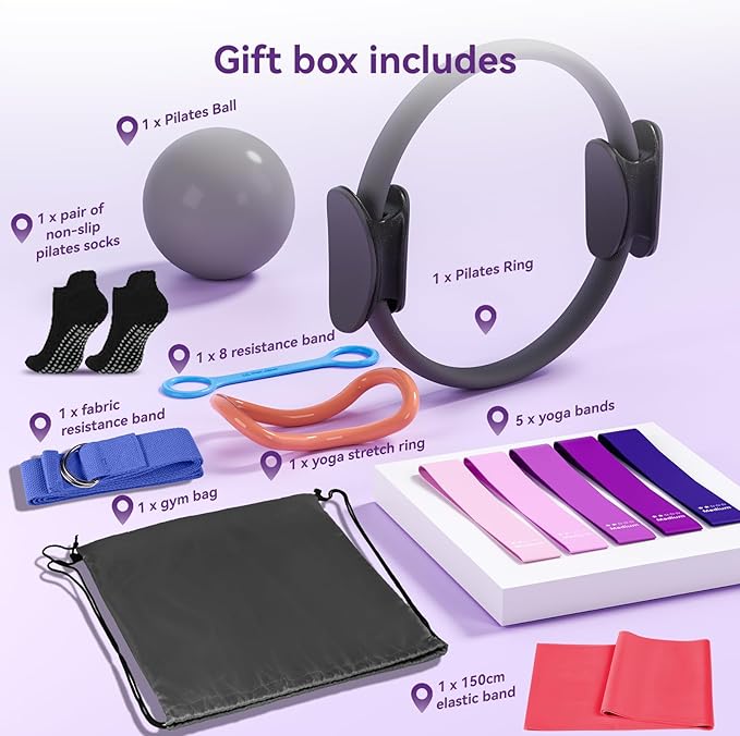 Pilates Kit for Women,15 Inch Magic Circle, 6 Multi-Level Resistance Bands,Yoga Ball Socks, Back Neck Stretcher ,14-Piece Full Body Toning Pilates Equipment for Beginners, 15 Min Daily Routine