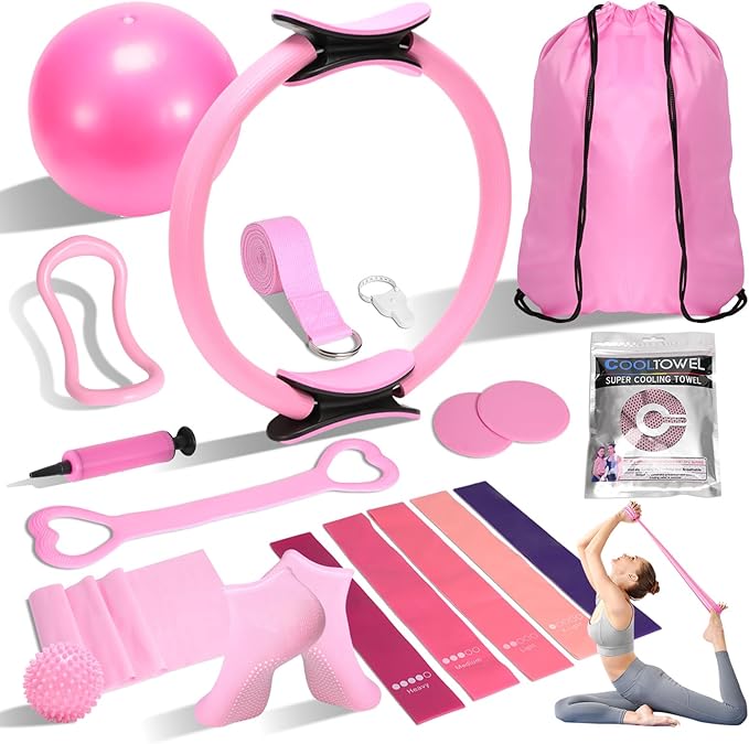 Pilates Equipment for Women - at Home Pilates Kit 18Pcs with Resistance Bands, Figure 8 Band & More for Full Body Strength, Flexibility & Core Workouts