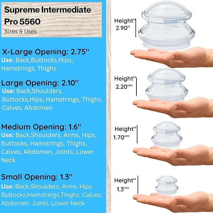 Cupping Warehouse Supreme 4 Intermediate Pro 5560 Silicone Cupping Set for Beginners – Medical-Grade, for Massage Therapy, Pain Relief, Body Sculpting & Cellulite Reduction, 4 Sizes (S, M, L, XL)