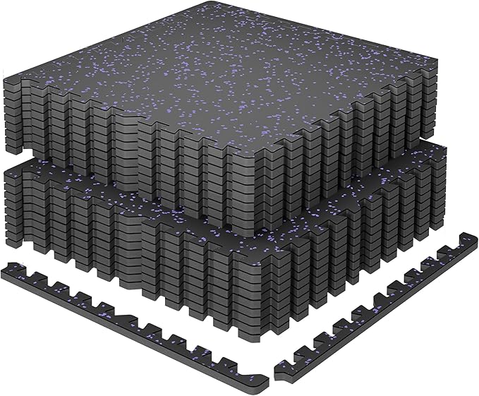 SUPERJARE 0.79'' Extra-Thick Exercise Equipment Mats, 18 Pcs 72 Sq Ft Rubber Top Floor Tiles with High Density EVA Foam, Interlocking Gym Flooring for Home Gym, Protective Workout Mat, Black/Purple