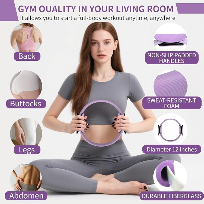 Pilates Kit for Home Workouts for Women-12-Piece Equipment Set with Ring,Yoga Ball,5 Resistance Bands,Figure-8 Band,Arm Stretcher,Grippy Socks,Storage Bag for Toning,Strength & Flexibility
