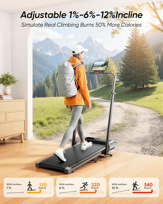 Walking Pad with 12% Incline & Height-Adjustable Handlebar, 5-in-1 Foldable Treadmill for Home & Office, Portable Under Desk Treadmill with LED Display & App Control