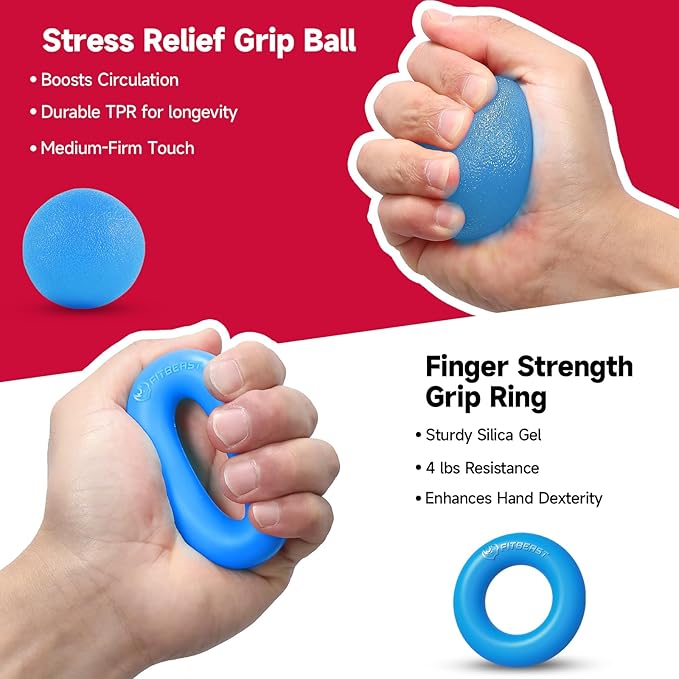 FitBeast Hand Grip Strengthener Workout Kit (5 Pack), 2 Forearm Grip Adjustable Resistance Hand Gripper, Finger Stretcher, Grip Ring & Stress Relief Grip Ball for Athletes