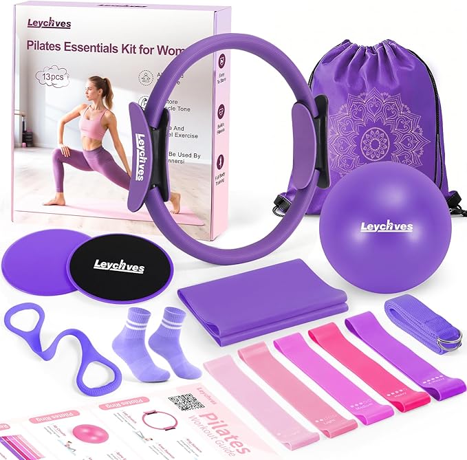 Home Pilates Essentials Kit for Women, Magic Circle Pilates Equipment Ring and Ball Set, 6 Resistance Bands Workout Guide Video for 28 Day Pilates Essential Challenge Starter Kit for Beginners