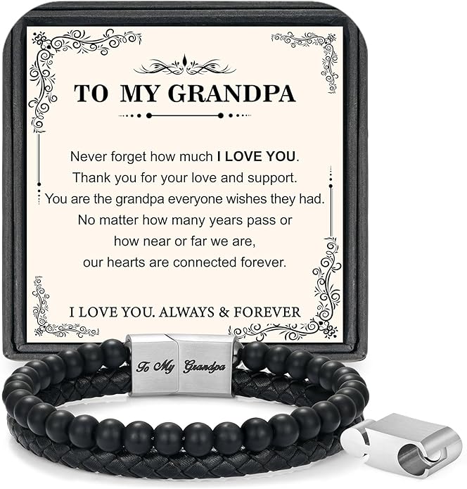 LUXEJEW Gifts for Men - Beaded Leather Bracelet 6mm Matte Agate Stone Bracelets for Men Dad Son Husband Boyfriend Grandpa Grandson Brother Uncle Nephew Adjustable Magnetic Clasp