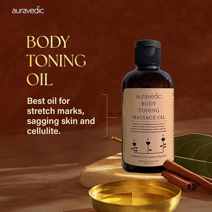Auravedic Body Toning Massage Oil | Helps Reduce Stretch Marks, Cellulite & Sagging | Infused with Cinnamon, Cardamom & Bay Leaf | for Smooth, Supple Skin | 6.76 Fl Oz (200ml)