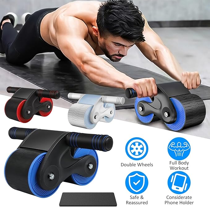 Automatic Rebound Ab Roller, Non-Slip Wheel with Kneel Pad & Phone Holder