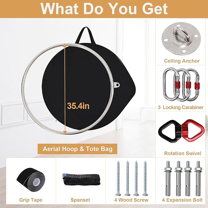 Aerial Lyra Hoop Kit (85CM/90CM), Professional Yoga Starter Set with Rigging Hardware Kit for Home, Exercise, Performance, 32mm Thickness