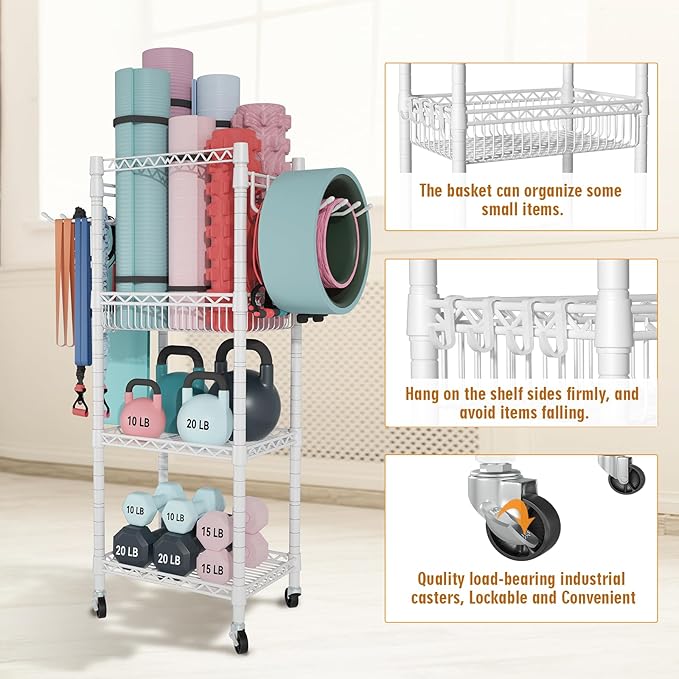 FUTASSI Home Gym Storage, 3 Tiers Workout Equipment Organizer with Wheels for Yoga Mats, Foam Roller, Dumbbells, Kettlebells, and Resistance Bands