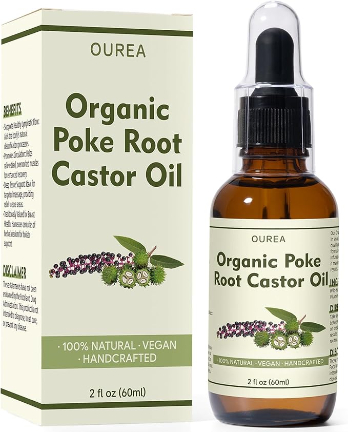 Organic Poke Root Castor Oil – 2 Fl Oz Natural Lymphatic Support Massage Oil, Soothing Relief for Cysts, Boils, Breast, Fibroids, Swollen Lymph Nodes & Joint – Deep Tissue Drops