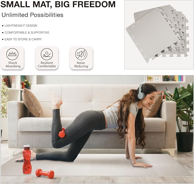 AIRHOP 18 Tiles Gym Floor Mat, EVA Foam Puzzle Gym Mat, High-Density Interlocking Foam Floor Tiles for Home Gym, Play Workout Garage Kitchen Flooring