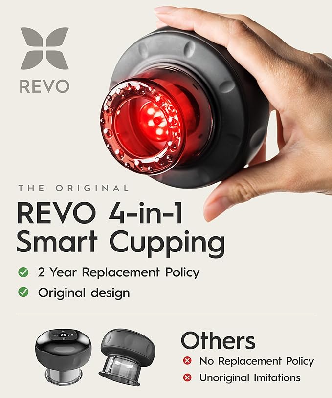 REVO The Original 4-in-1 Smart Cupping Therapy Massager, Red Light Therapy for Targeted Pain Relief, Knots, Aches, Muscle Soreness, Circulation & Tighter Skin, Portable Cupping Kit (Four Pack)