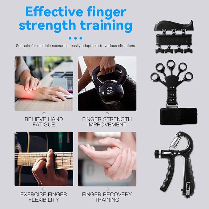 7PCS Grip Strength Trainer Kit, 2 Adjustable Forearm Resistance Grips, Finger Stretchers, Grip Ring, Hand Squeeze Ball, Finger Exercises, User Manual, Suitable for Hand Training, Suitable for Everyone