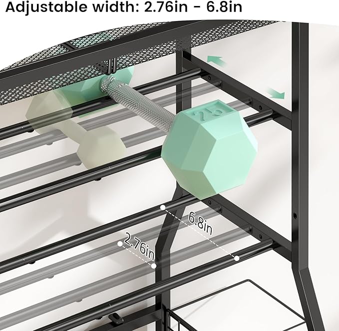 Home Gym Storage Rack, Dumbbell Rack with Yoga Mat Storage, Weight Rack Stand with Lockable Wheels and Hooks, Home Workout Equipment Organizer for Yoga, Dumbbell, Kettlebells, Ball Storage