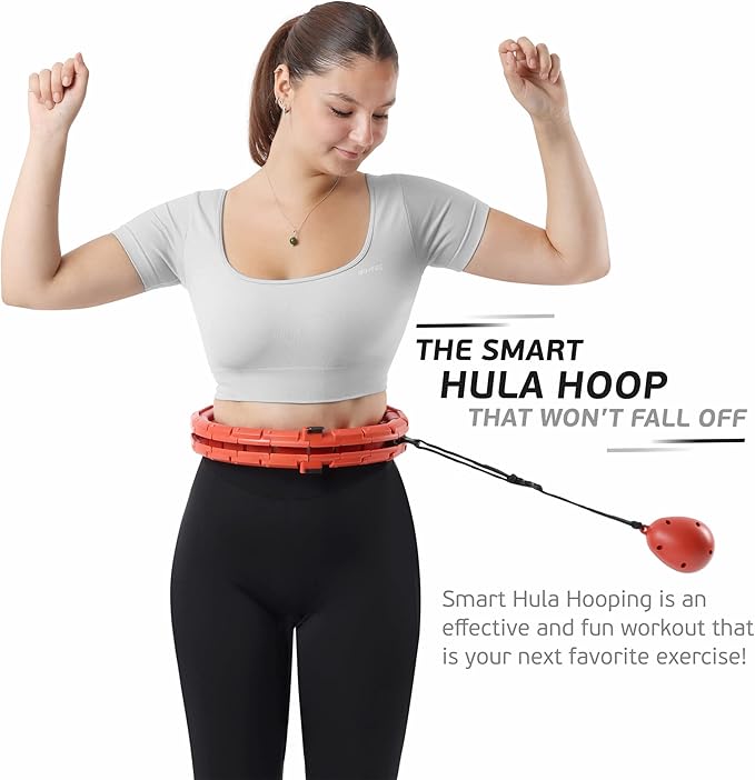 Teal Elite Smart Weighted Hula Hoop for Adults Weight Loss– Fully Adjustable with 24 Detachable Knots – 2 in 1 Abdomen Fitness Massage Infinity Hoops - RED