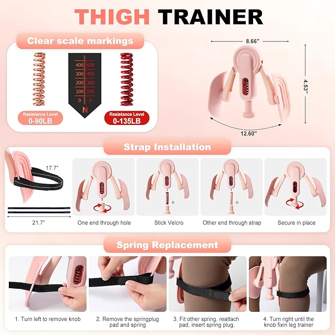 Thigh Trainer, 10-135LB Adjustable Resistance Inner Thigh Exerciser, Pelvic Floor Muscle Repair with Leg Strap, Workout Kegel Exercise Equipment for Shaping, Yoga, Weight Loss Home Gym