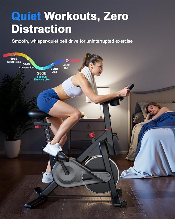 Superun Exercise Bike, Stationary Bikes for Home with Brake Pad, Low Noise Indoor Cycling Bike with 300LBS Weight Capacity, Workout Bike for Home Gym with Pad Mount LCD Monitor and Cup Holder