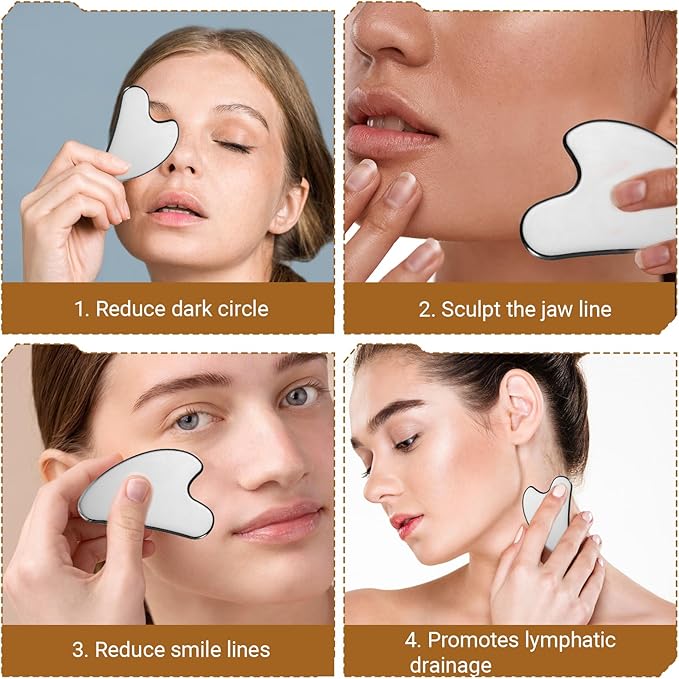 2 Pcs Stainless Steel Gua Sha Face Tools Metal Silver Guasha for Self Care Manual Massage Tool for Face and Body Treatment Back Muscles Pain Relief Puffiness Reducing Gift for Men Women