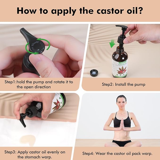 Castor Oil Pack Wrap with 8Fl.Oz Cold Pressed Unrefined Glass Bottle Pure Organic Castor Oil for Stomach Neck and Breast