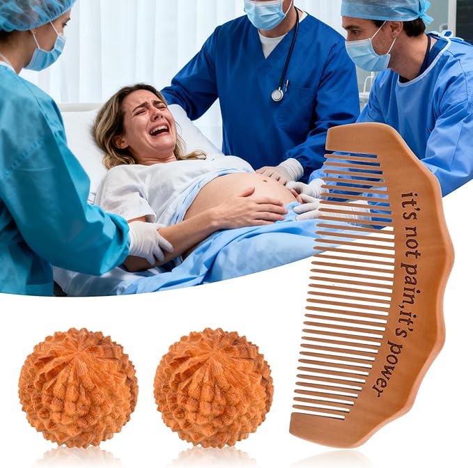 Birth Comb Acupressure Massage Ball Set, Wooden Labor Comb with 2 PCS Spiky Massage Ball Stress Relief, New Mom Gifts for Natural Labor and Delivery Essentials, Mom to Be Gift