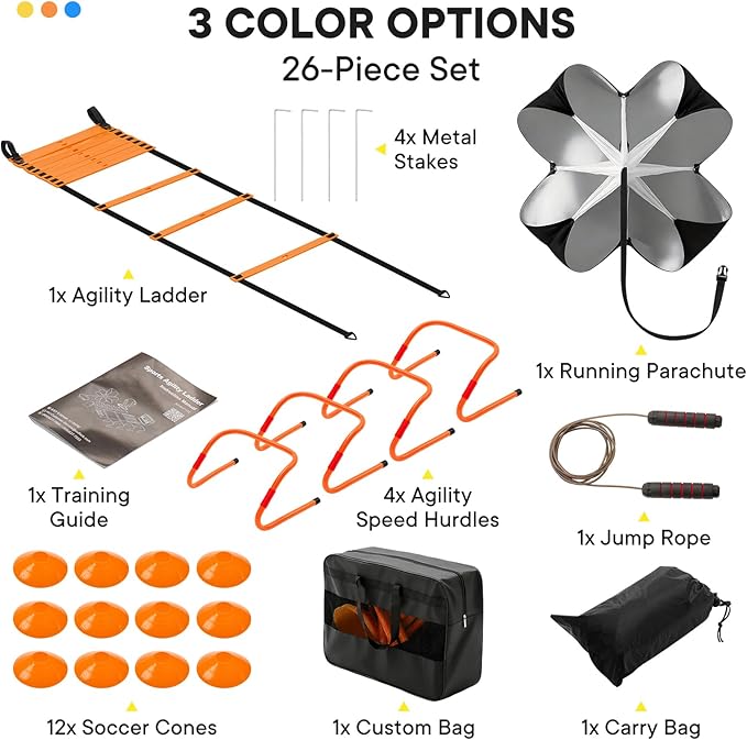 NEWBULIG Agility Ladder Speed Training Equipment, Football Practice Set with 20ft Ladder, 12 Cones, 4 Adjustable Hurdles, Jump Rope, Resistance Parachute for Soccer, Basketball, Youth, Adults